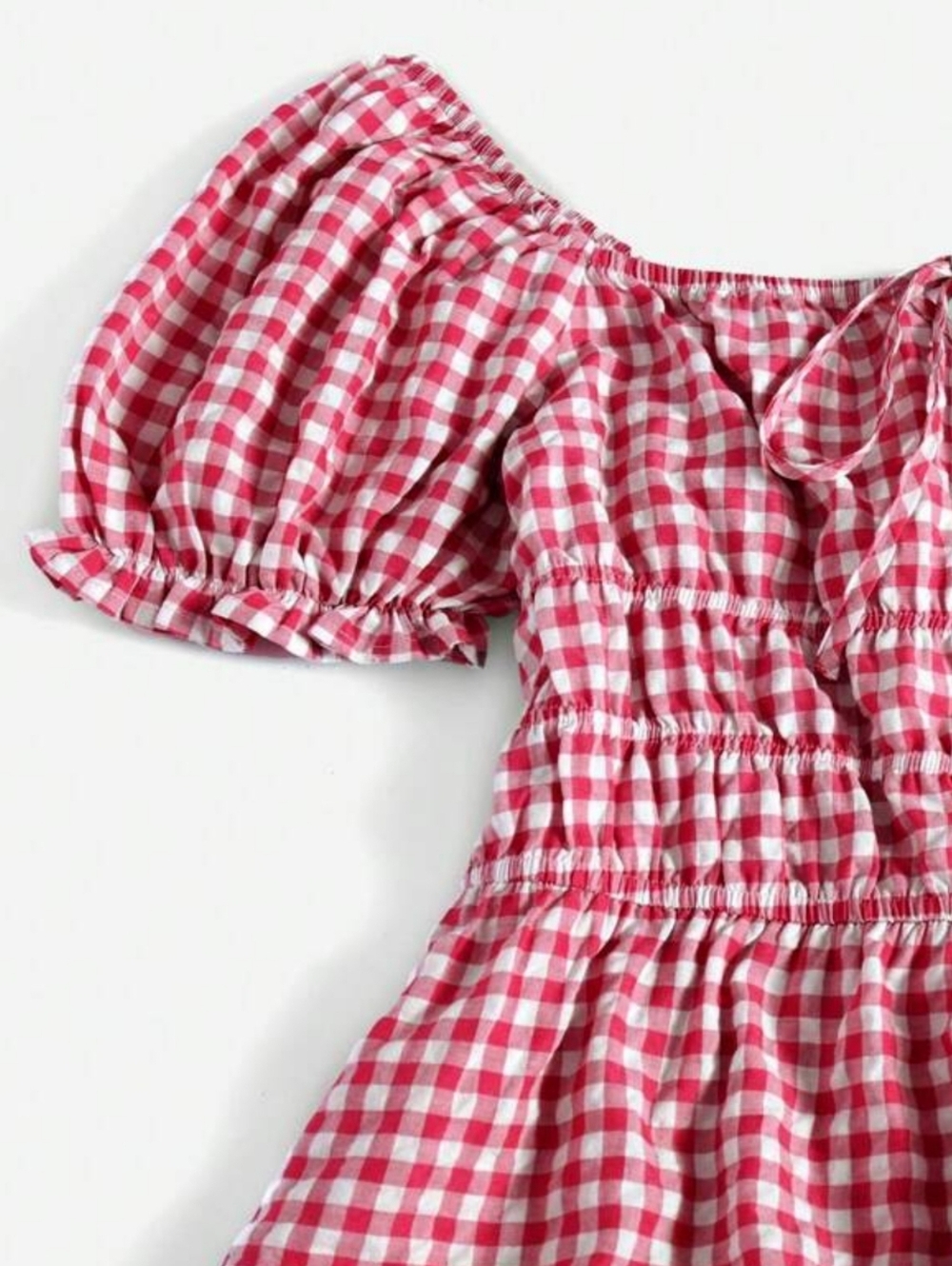 COTTAGECORE RED WHITE GINGHAM SMOCKED MINI DRESS SIZE SMALL/ MEDIUM - Picture 4 of 8